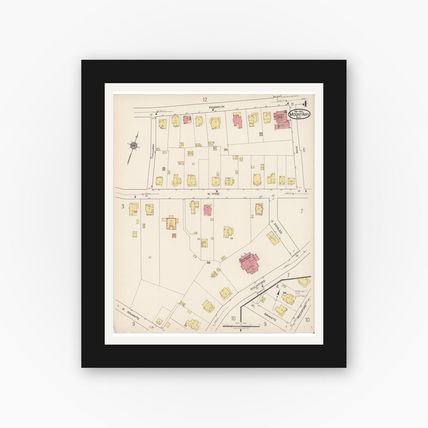 Old map wall art mockup — black gallery frame with white mat — Sanborn Fire Insurance Map from Mount Airy, Surry County, North Carolina (1922), Sheet #0004