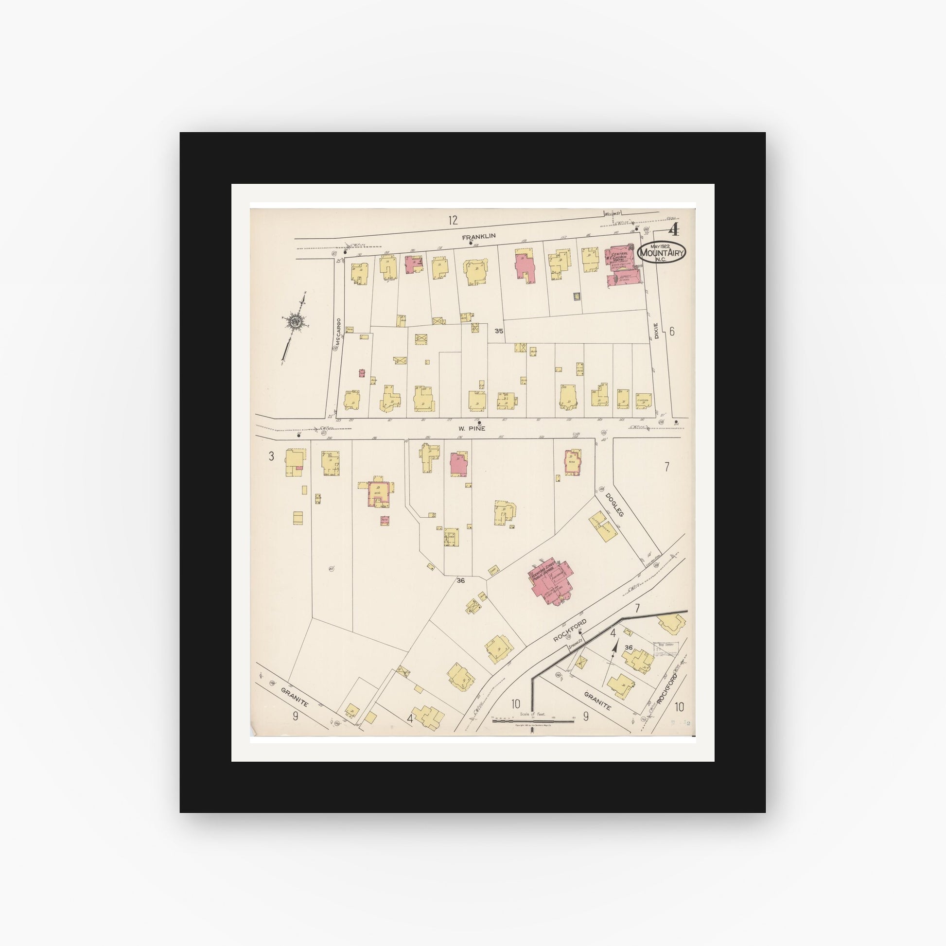 Old map wall art mockup — black gallery frame with white mat — Sanborn Fire Insurance Map from Mount Airy, Surry County, North Carolina (1922), Sheet #0004