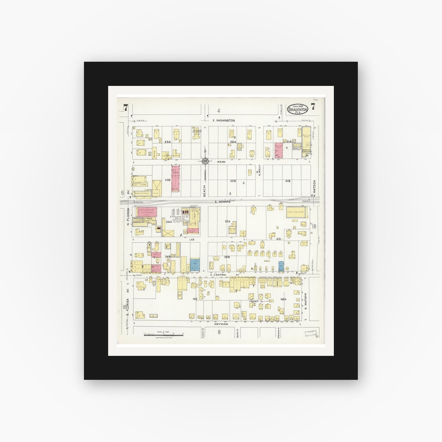 Old map wall art mockup — black gallery frame with white mat — Sanborn Fire Insurance Map from Bradentown, Manatee County, Florida (1926), Sheet #0007
