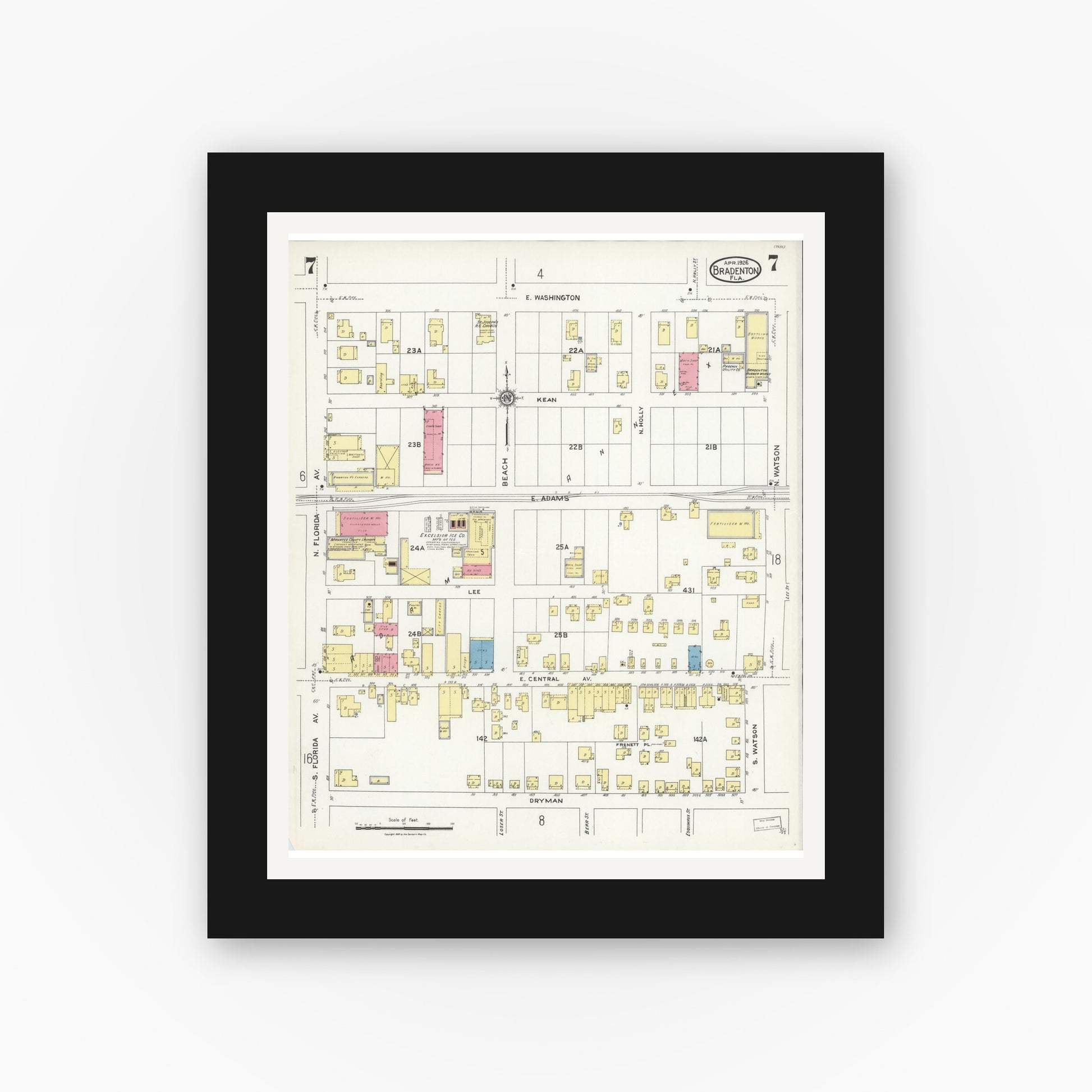 Old map wall art mockup — black gallery frame with white mat — Sanborn Fire Insurance Map from Bradentown, Manatee County, Florida (1926), Sheet #0007
