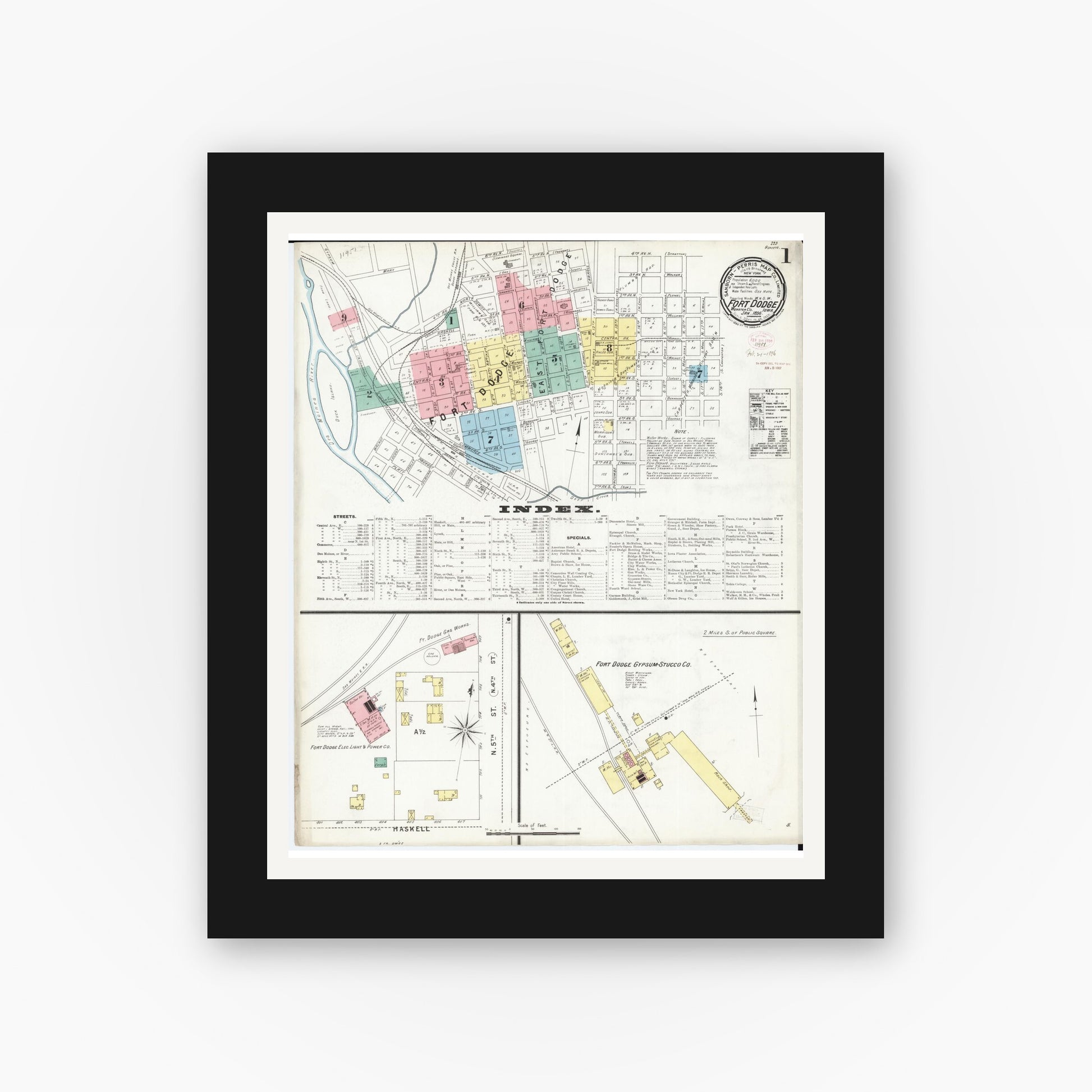 Old map wall art mockup — black gallery frame with white mat — Sanborn Fire Insurance Map from Fort Dodge, Webster County, Iowa (1896), Sheet #0001