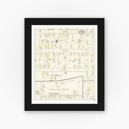 Old map wall art mockup — black gallery frame with white mat — Sanborn Fire Insurance Map from Covington, Fountain County, Indiana (1910), Sheet #0007