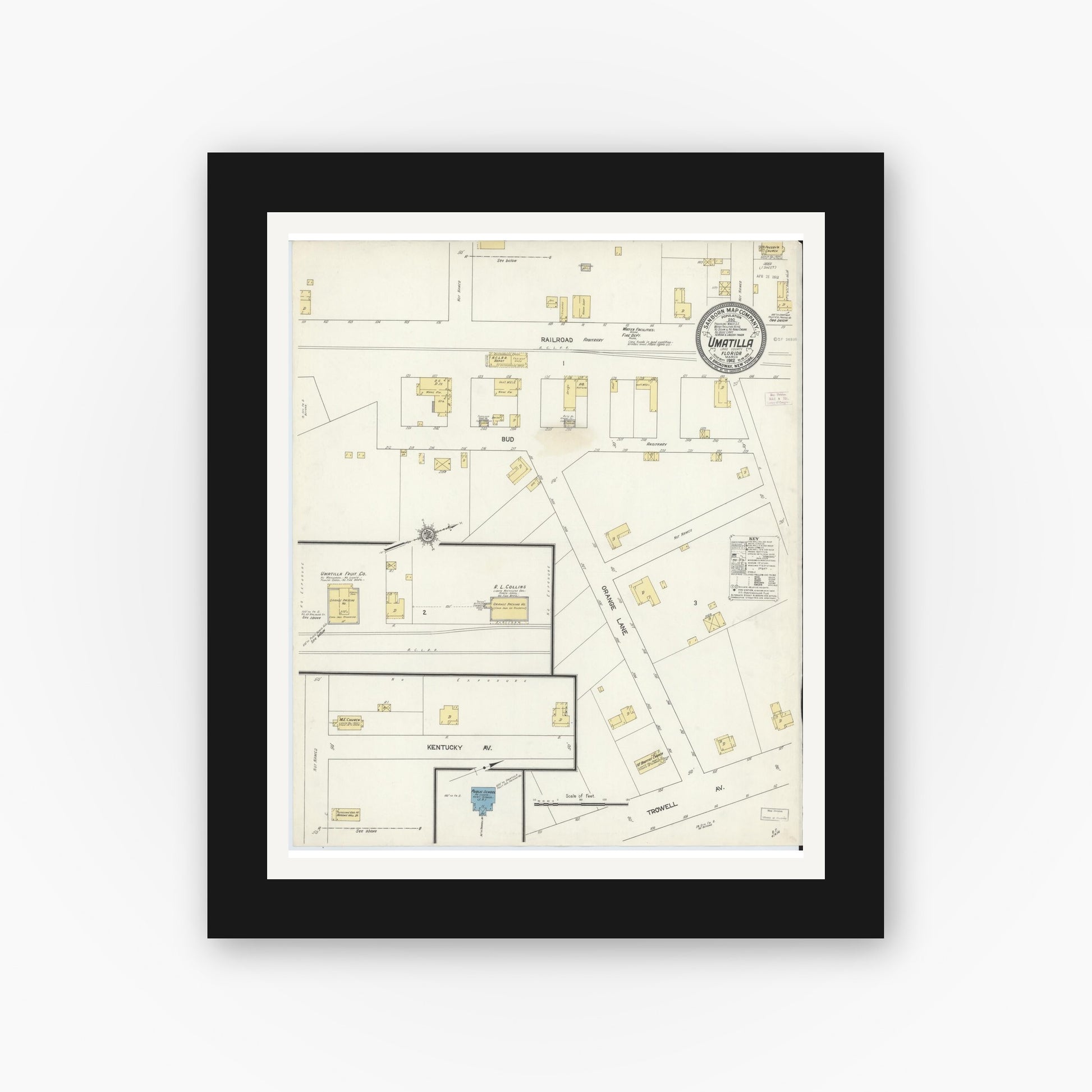 Old map wall art mockup — black gallery frame with white mat — Sanborn Fire Insurance Map from Umatilla, Lake County, Florida (1912), Sheet #0001