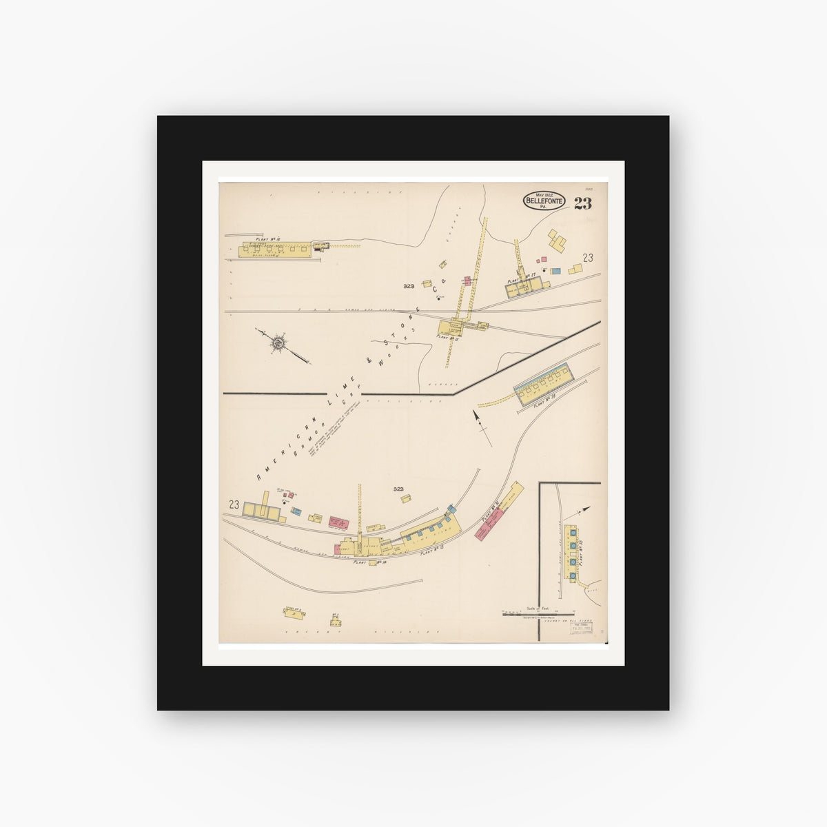 Old map wall art mockup — black gallery frame with white mat — Sanborn Fire Insurance Map from Bellefonte, Centre County, Pennsylvania (1922), Sheet #0023