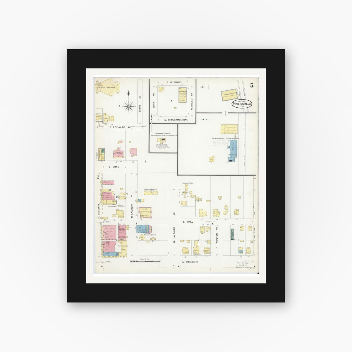 Old map wall art mockup — black gallery frame with white mat — Sanborn Fire Insurance Map from Mineral Wells, Palo Pinto County, Texas (1907), Sheet #0005