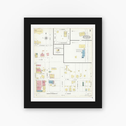 Old map wall art mockup — black gallery frame with white mat — Sanborn Fire Insurance Map from Mineral Wells, Palo Pinto County, Texas (1907), Sheet #0005