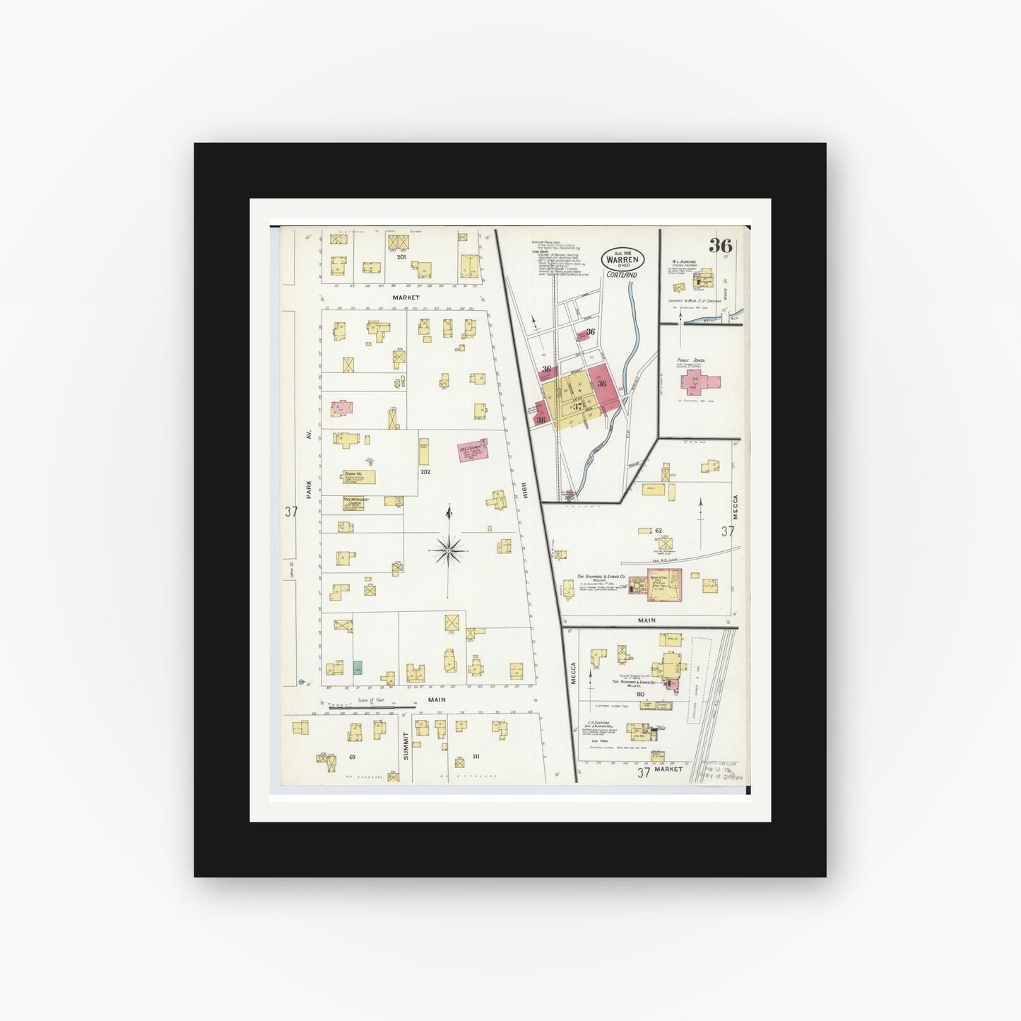 Old map wall art mockup — black gallery frame with white mat — Sanborn Fire Insurance Map from Warren, Trumbull County, Ohio (1908), Sheet #0036