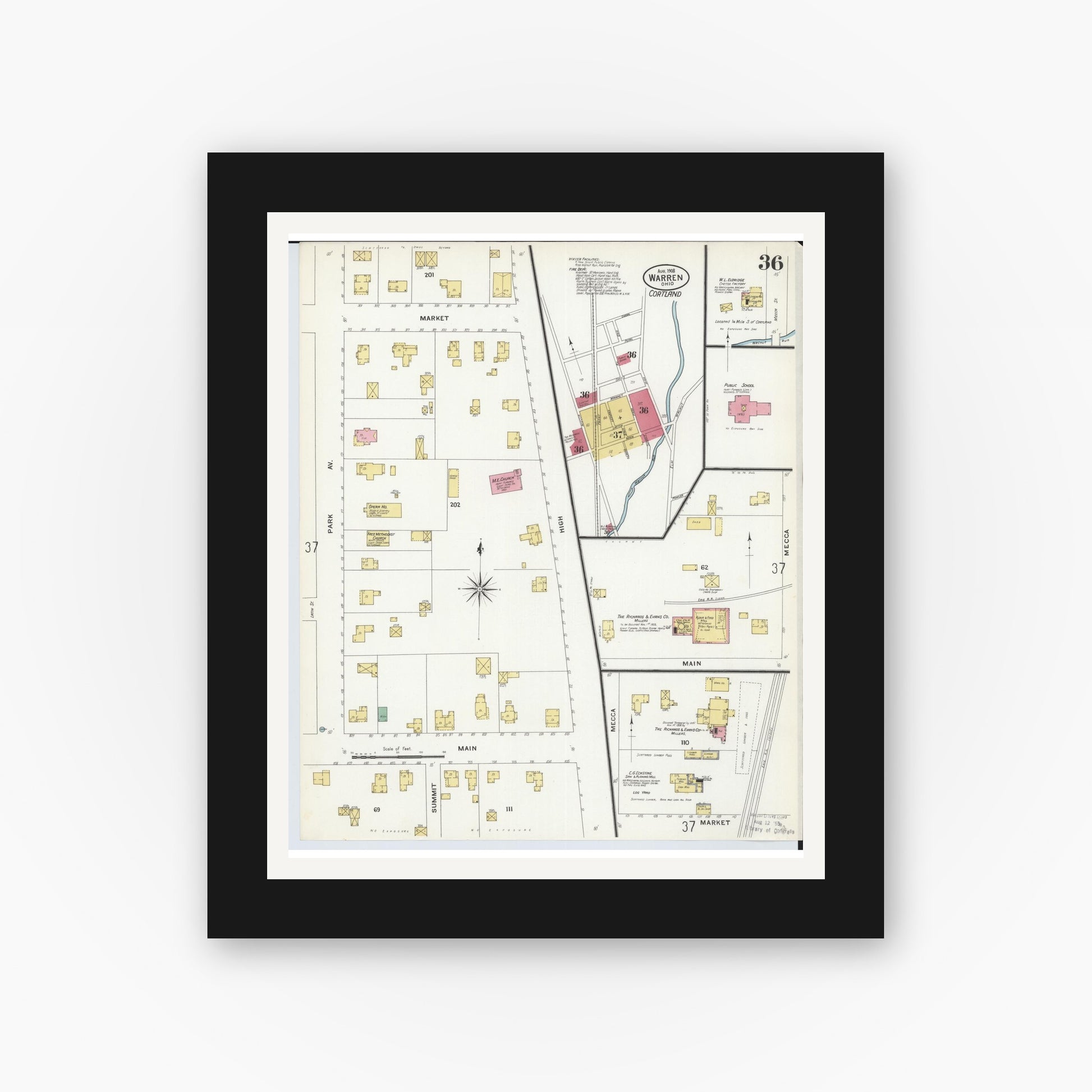 Old map wall art mockup — black gallery frame with white mat — Sanborn Fire Insurance Map from Warren, Trumbull County, Ohio (1908), Sheet #0036
