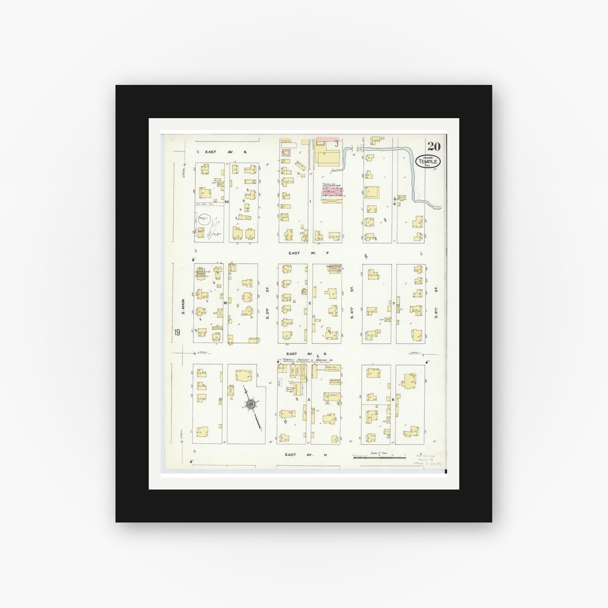 Old map wall art mockup — black gallery frame with white mat — Sanborn Fire Insurance Map from Temple, Bell County, Texas (1910), Sheet #0020