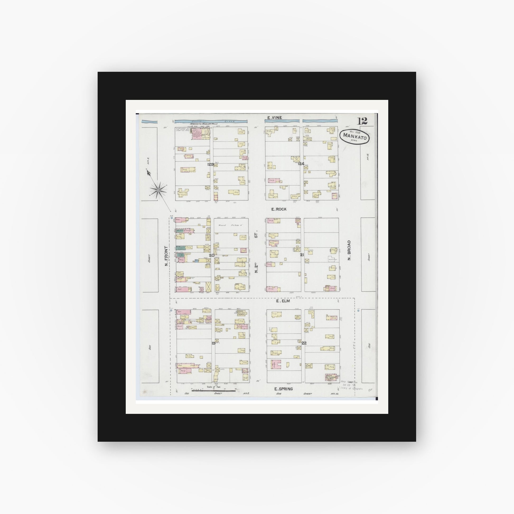 Old map wall art mockup — black gallery frame with white mat — Sanborn Fire Insurance Map from Mankato, Blue Earth County, Minnesota (1889), Sheet #0012