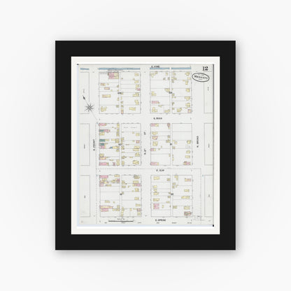 Old map wall art mockup — black gallery frame with white mat — Sanborn Fire Insurance Map from Mankato, Blue Earth County, Minnesota (1889), Sheet #0012