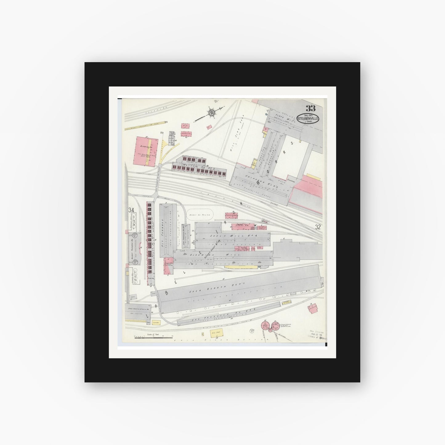 Old map wall art mockup — black gallery frame with white mat — Sanborn Fire Insurance Map from Steubenville, Jefferson County, Ohio (1913), Sheet #0033
