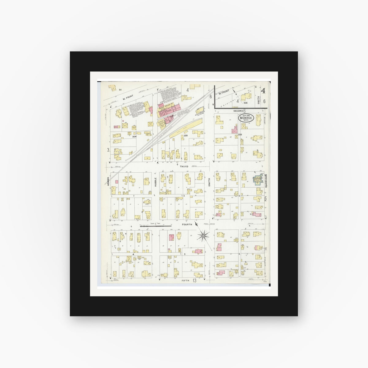 Old map wall art mockup — black gallery frame with white mat — Sanborn Fire Insurance Map from Monroe, Monroe County, Michigan (1908), Sheet #0004