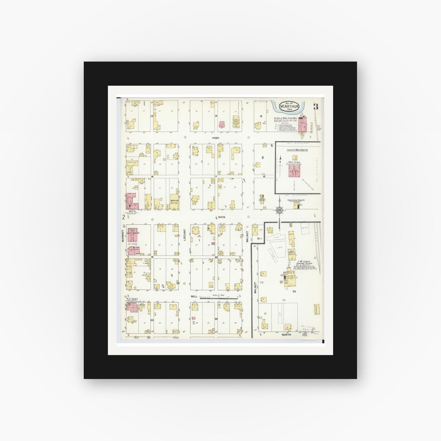 Old map wall art mockup — black gallery frame with white mat — Sanborn Fire Insurance Map from McArthur, Vinton County, Ohio (1911), Sheet #0003