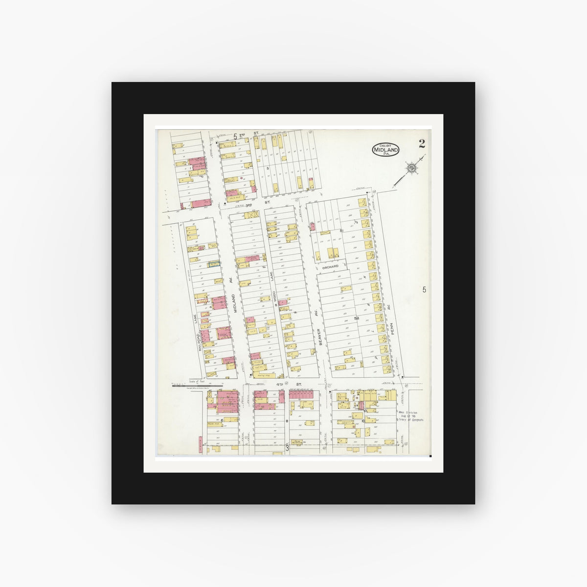 Old map wall art mockup — black gallery frame with white mat — Sanborn Fire Insurance Map from Midland, Beaver County, Pennsylvania (1917), Sheet #0002