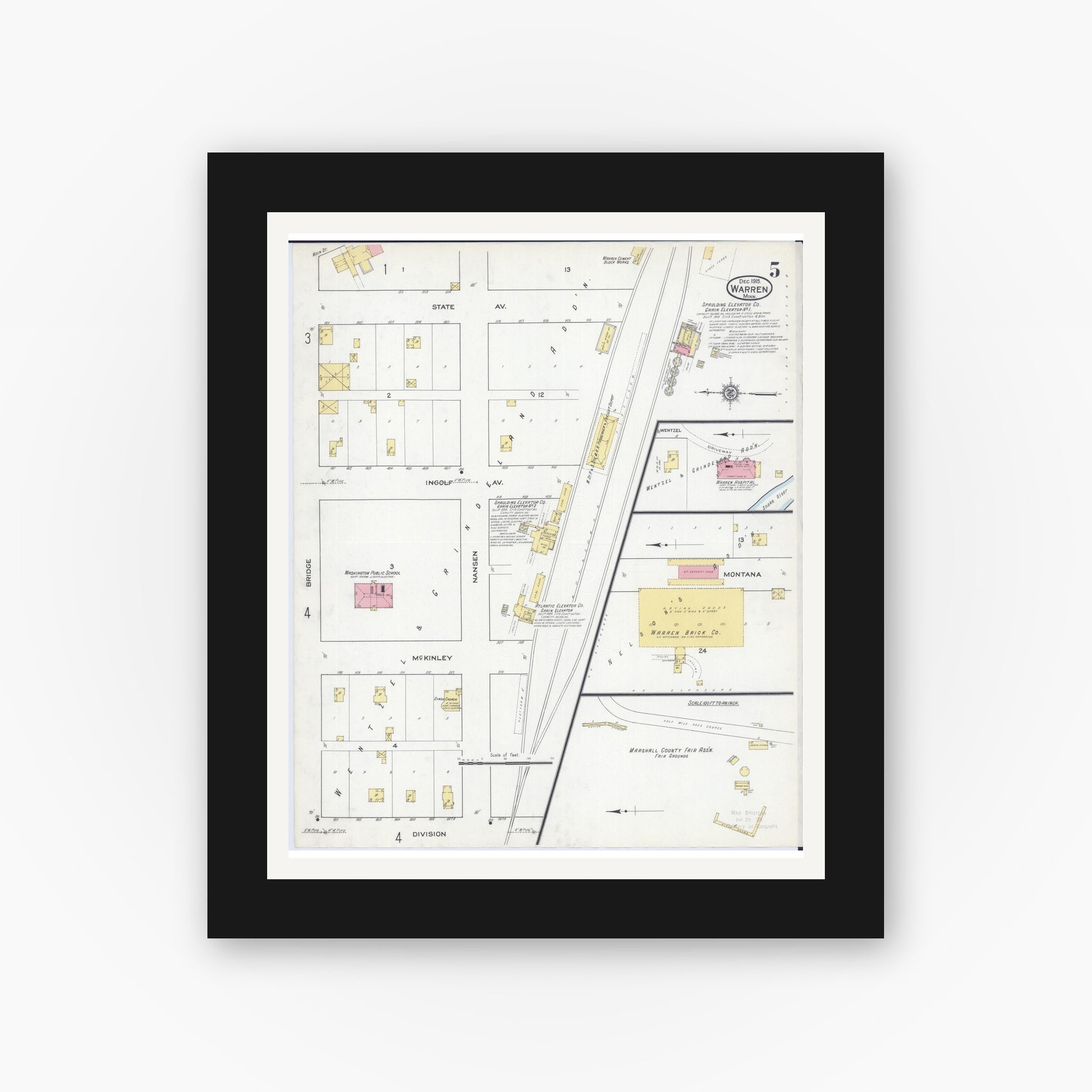 Old map wall art mockup — black gallery frame with white mat — Sanborn Fire Insurance Map from Warren, Marshall County, Minnesota (1915), Sheet #0005