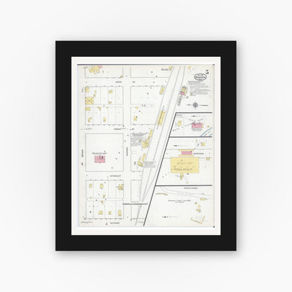 Old map wall art mockup — black gallery frame with white mat — Sanborn Fire Insurance Map from Warren, Marshall County, Minnesota (1915), Sheet #0005