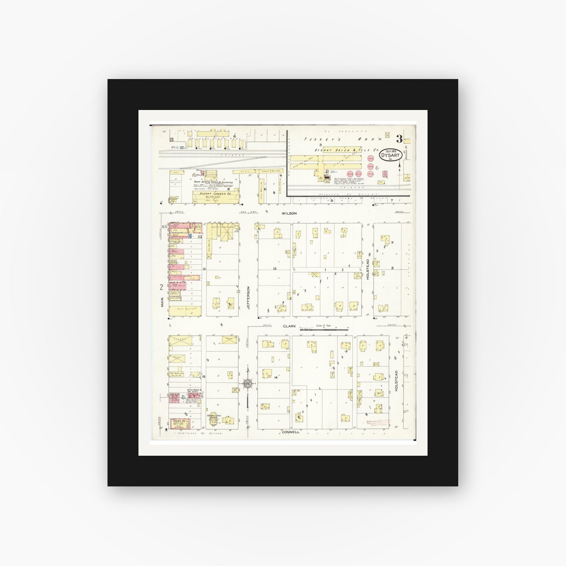 Old map wall art mockup — black gallery frame with white mat — Sanborn Fire Insurance Map from Dysart, Tama County, Iowa (1913), Sheet #0003