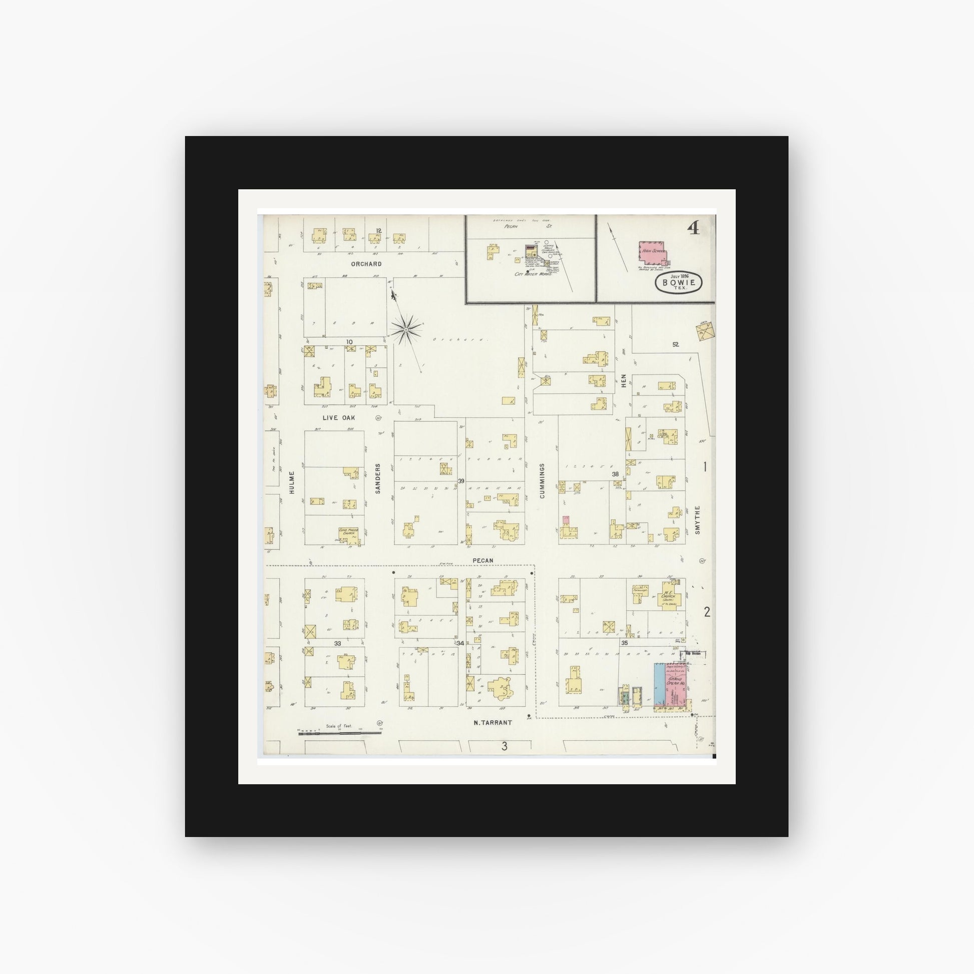 Old map wall art mockup — black gallery frame with white mat — Sanborn Fire Insurance Map from Bowie, Montague County, Texas (1896), Sheet #0004