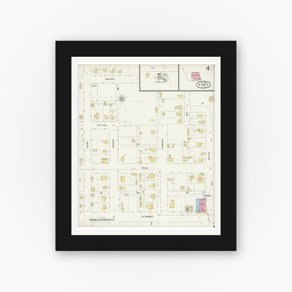 Old map wall art mockup — black gallery frame with white mat — Sanborn Fire Insurance Map from Bowie, Montague County, Texas (1896), Sheet #0004
