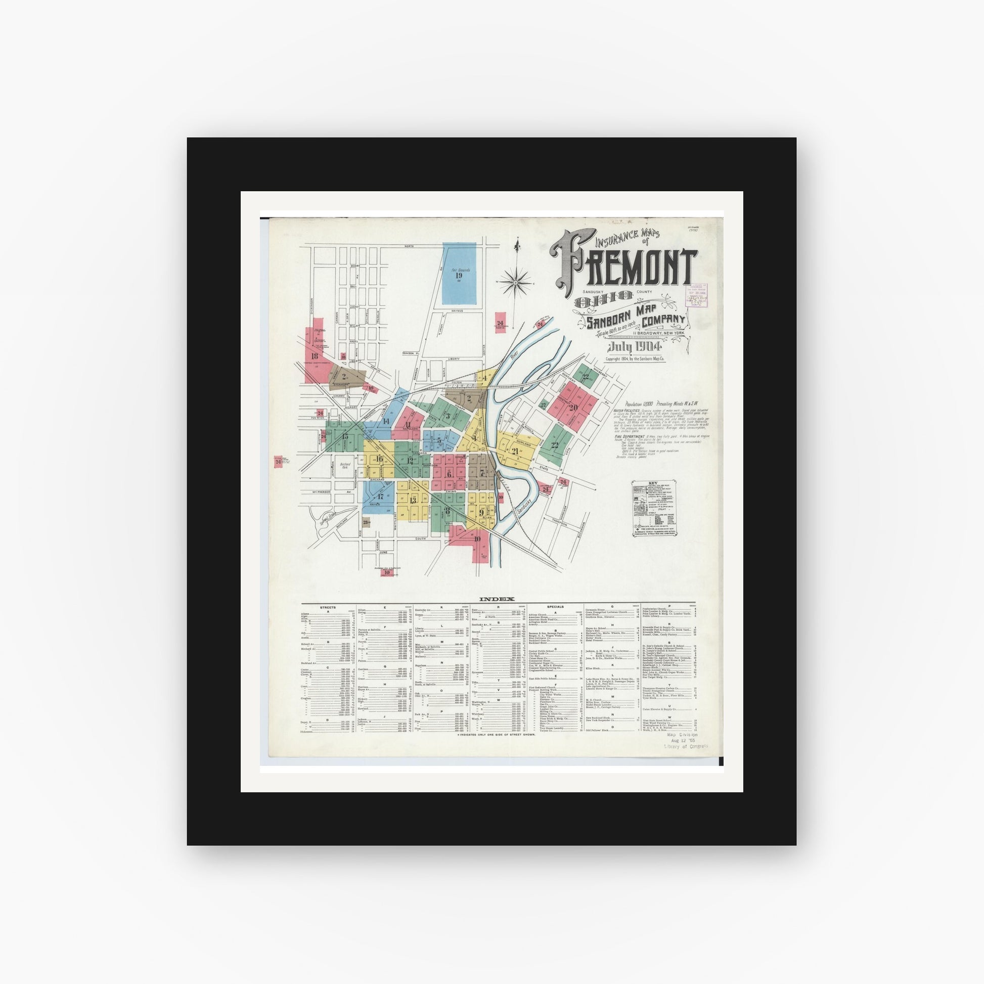 Old map wall art mockup — black gallery frame with white mat — Sanborn Fire Insurance Map from Fremont, Sandusky County, Ohio (1904) - Complete Map Set