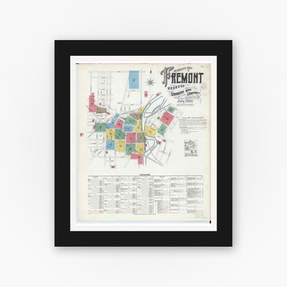 Old map wall art mockup — black gallery frame with white mat — Sanborn Fire Insurance Map from Fremont, Sandusky County, Ohio (1904) - Complete Map Set