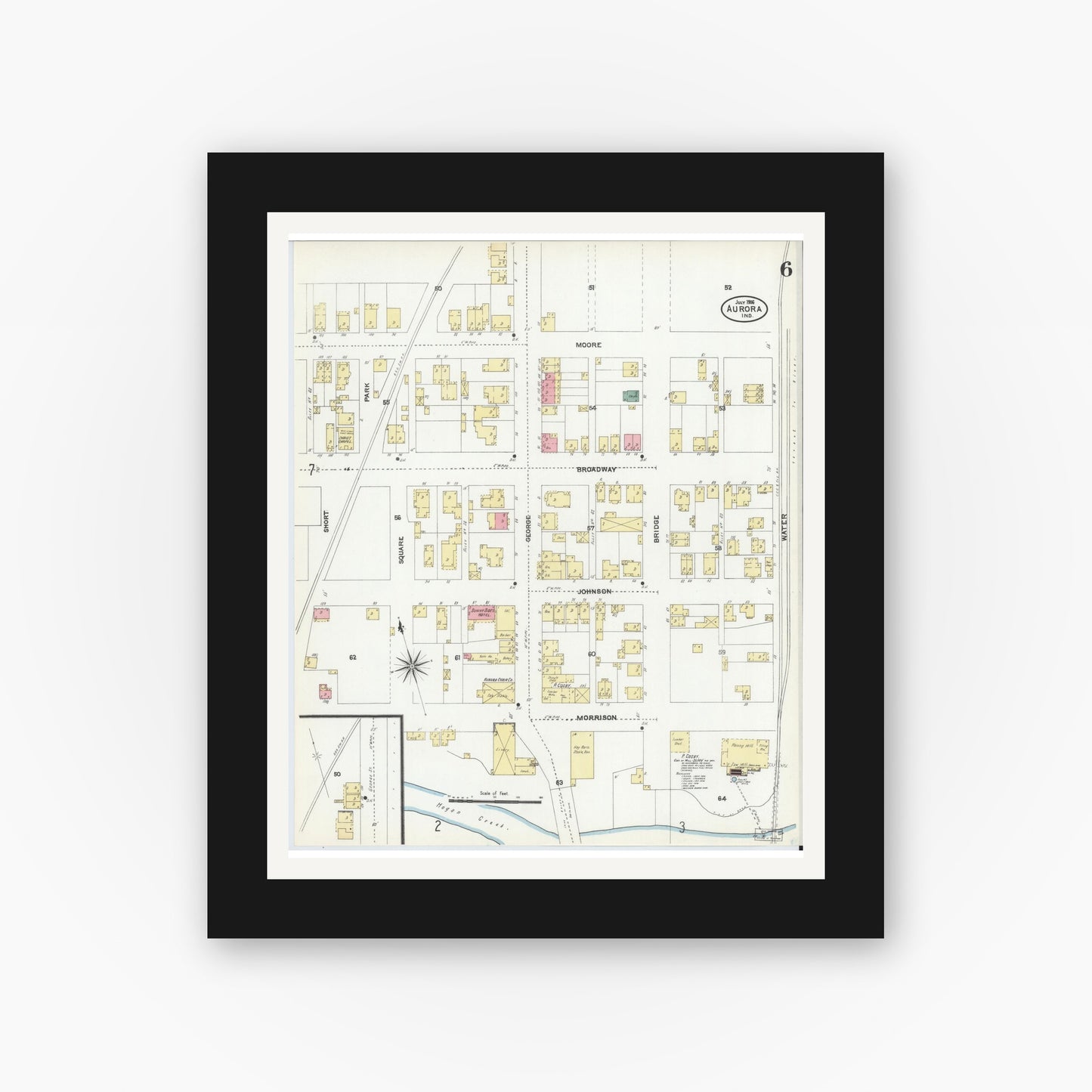 Old map wall art mockup — black gallery frame with white mat — Sanborn Fire Insurance Map from Aurora, Dearborn County, Indiana (1906), Sheet #0006