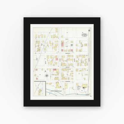 Old map wall art mockup — black gallery frame with white mat — Sanborn Fire Insurance Map from Aurora, Dearborn County, Indiana (1906), Sheet #0006