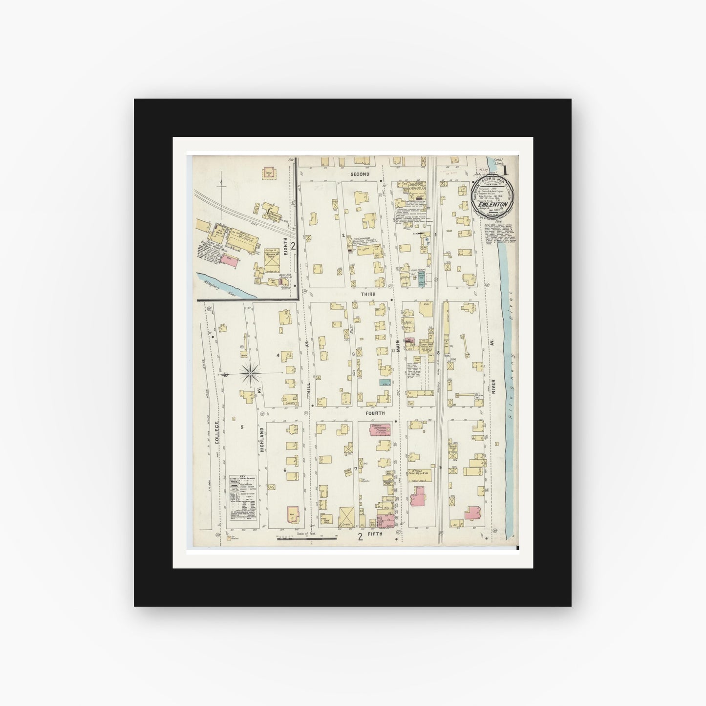 Old map wall art mockup — black gallery frame with white mat — Sanborn Fire Insurance Map from Emlenton, Venango County, Pennsylvania (1897) - Complete Map Set
