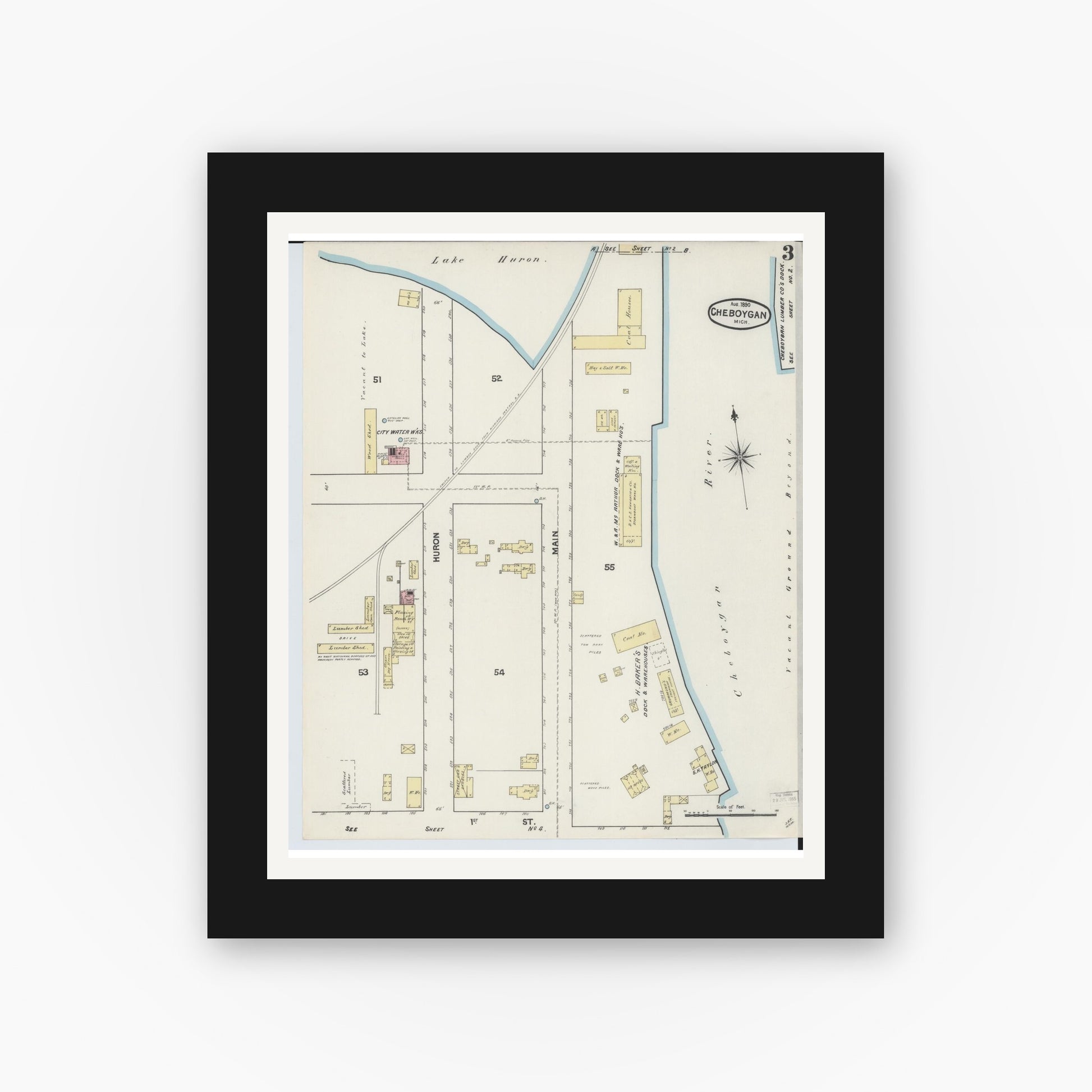 Old map wall art mockup — black gallery frame with white mat — Sanborn Fire Insurance Map from Cheboygan, Cheboygan County, Michigan (1890), Sheet #0003