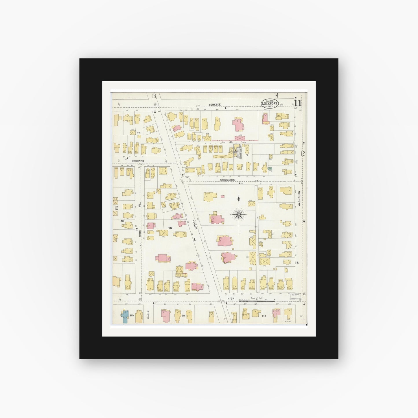 Old map wall art mockup — black gallery frame with white mat — Sanborn Fire Insurance Map from Lockport, Niagara County, New York (1903), Sheet #0011