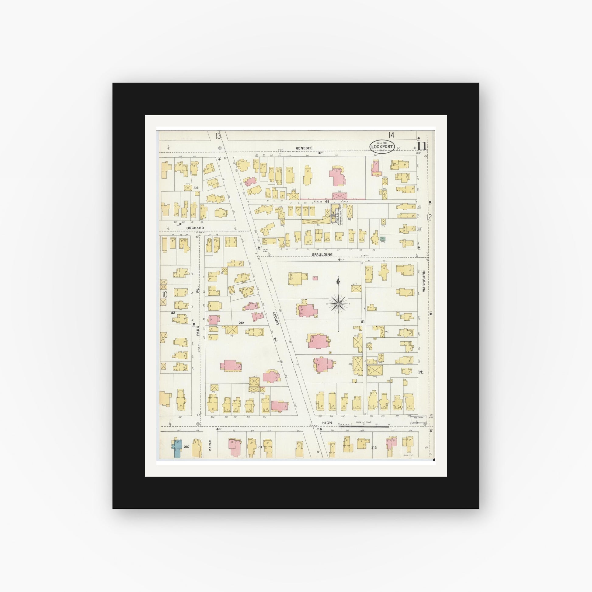 Old map wall art mockup — black gallery frame with white mat — Sanborn Fire Insurance Map from Lockport, Niagara County, New York (1903), Sheet #0011