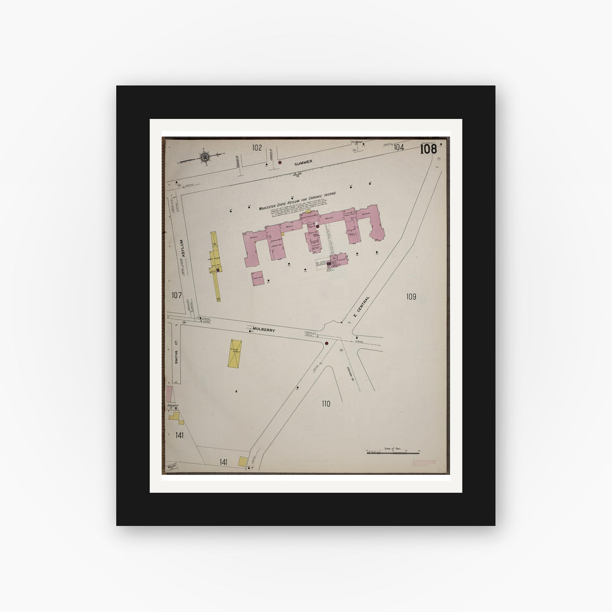 Old map wall art mockup — black gallery frame with white mat — Sanborn Fire Insurance Map from Worcester, Worcester County, Massachusetts (1910), Sheet #0108