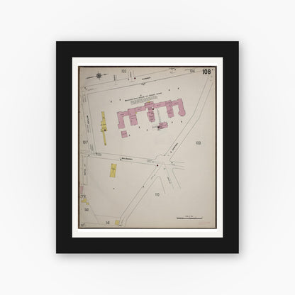 Old map wall art mockup — black gallery frame with white mat — Sanborn Fire Insurance Map from Worcester, Worcester County, Massachusetts (1910), Sheet #0108