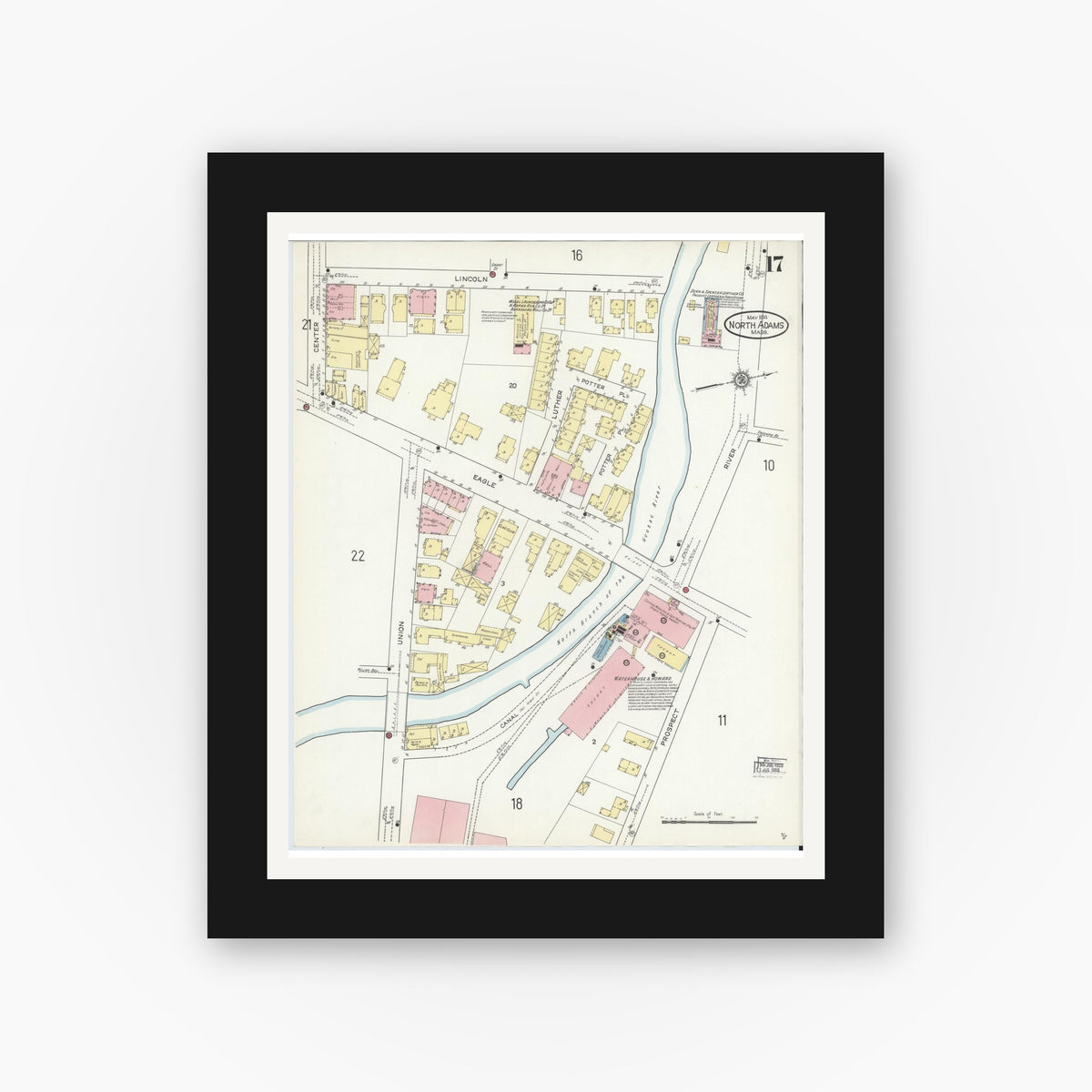 Old map wall art mockup — black gallery frame with white mat — Sanborn Fire Insurance Map from North Adams, Berkshire County, Massachusetts (1914), Sheet #0017