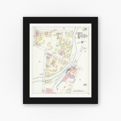 Old map wall art mockup — black gallery frame with white mat — Sanborn Fire Insurance Map from North Adams, Berkshire County, Massachusetts (1914), Sheet #0017