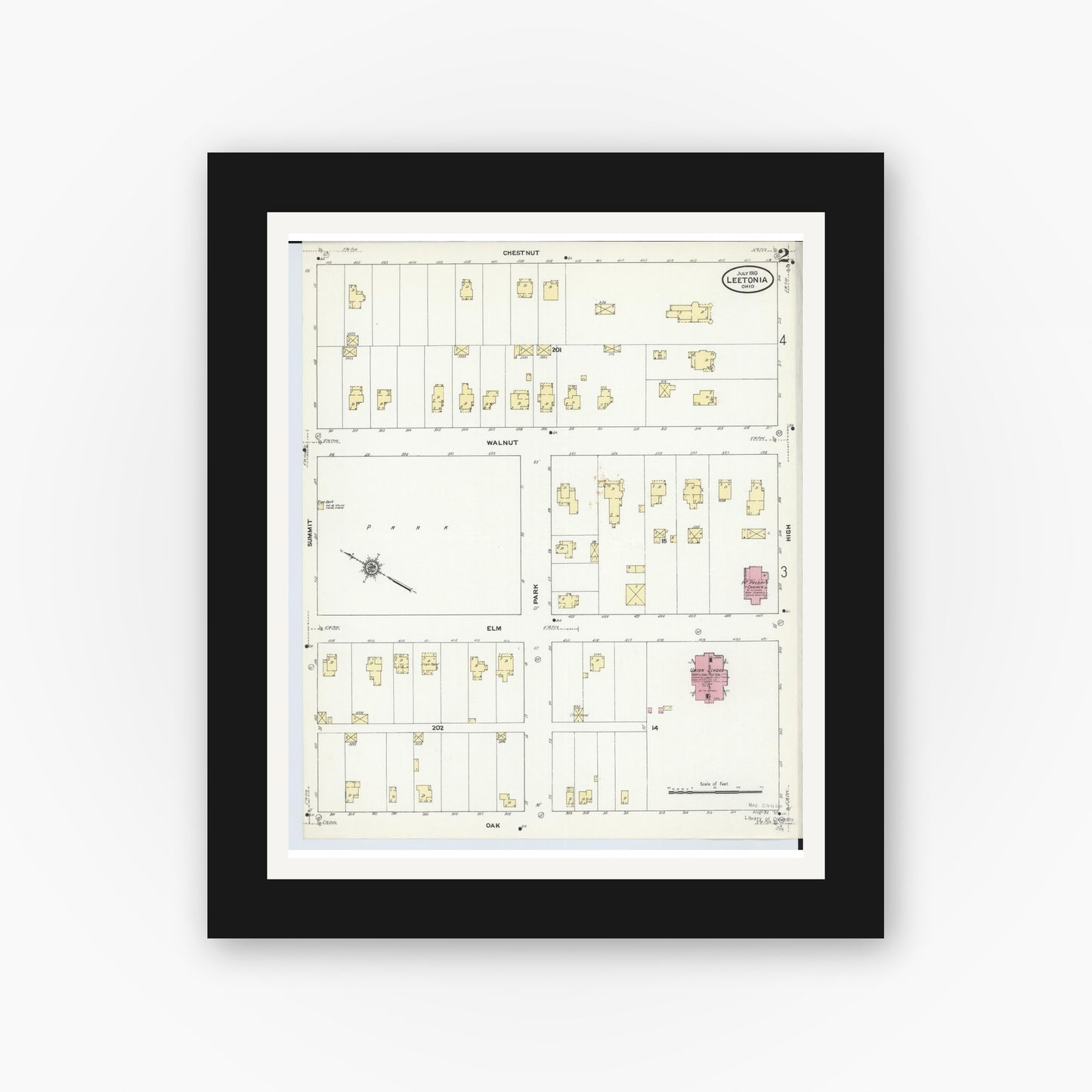 Old map wall art mockup — black gallery frame with white mat — Sanborn Fire Insurance Map from Leetonia, Columbiana County, Ohio (1910), Sheet #0002