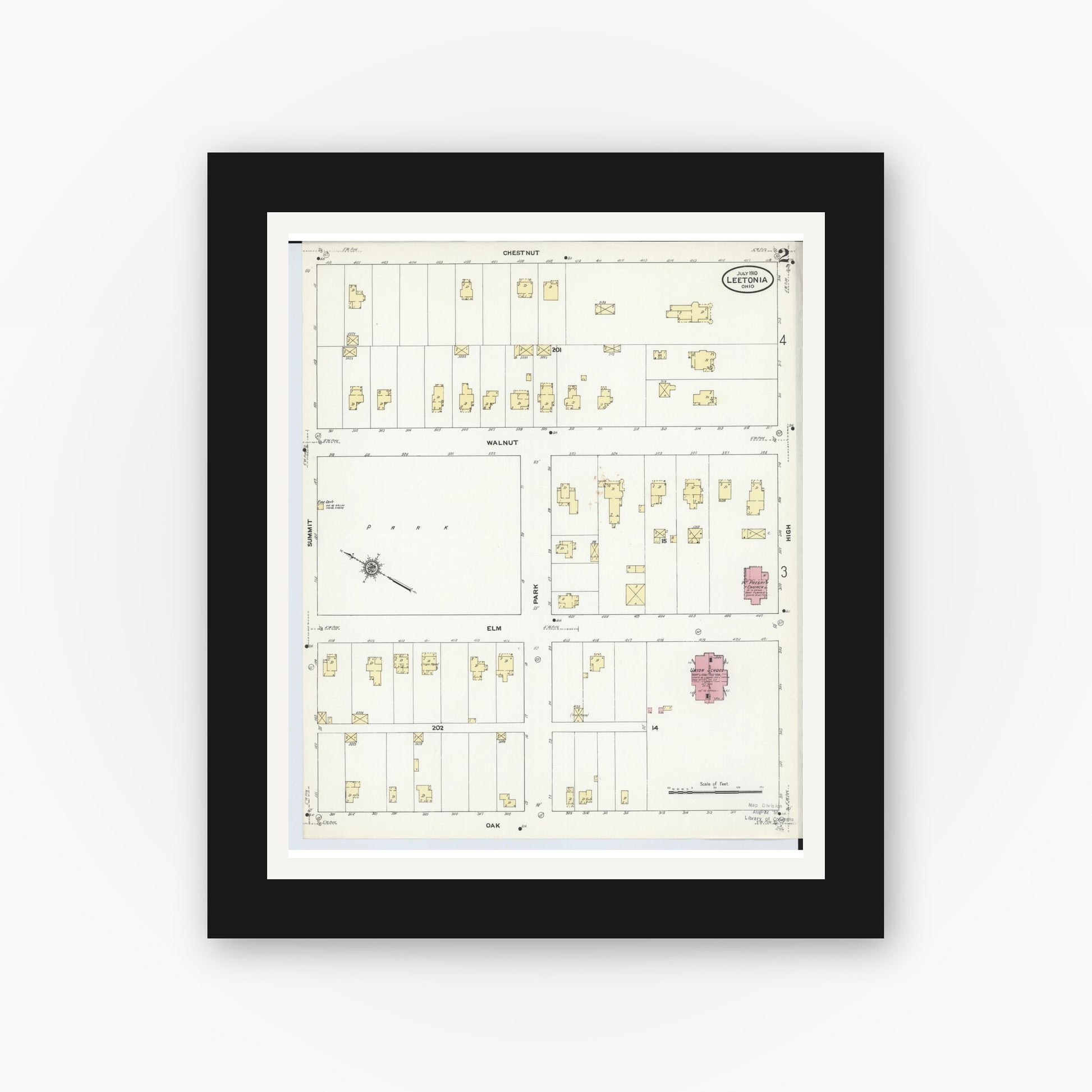 Old map wall art mockup — black gallery frame with white mat — Sanborn Fire Insurance Map from Leetonia, Columbiana County, Ohio (1910), Sheet #0002