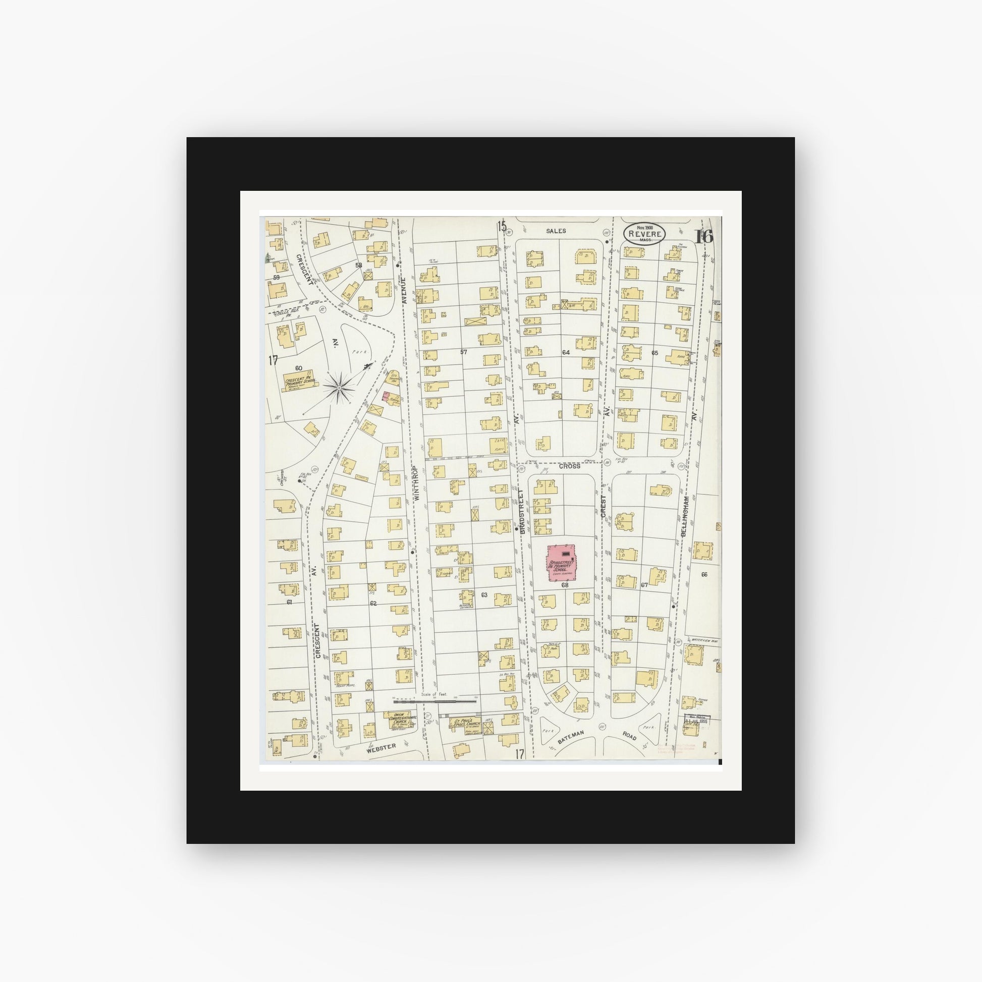 Old map wall art mockup — black gallery frame with white mat — Sanborn Fire Insurance Map from Revere, Suffolk County, Massachusetts (1900), Sheet #0016