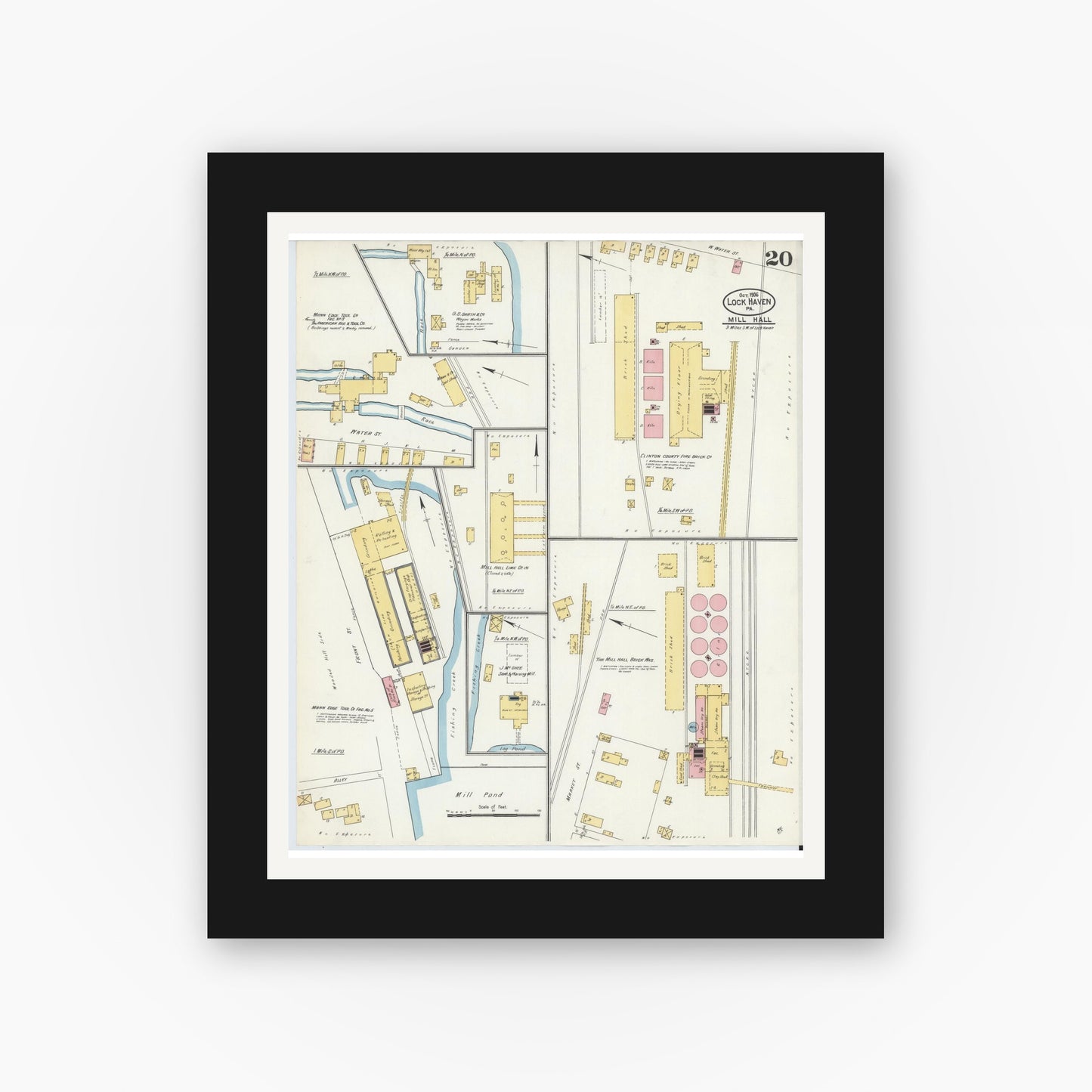 Old map wall art mockup — black gallery frame with white mat — Sanborn Fire Insurance Map from Lock Haven, Clinton County, Pennsylvania (1906), Sheet #0020