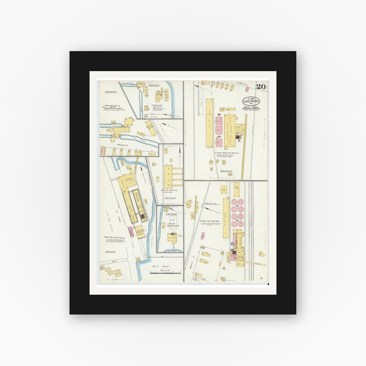 Old map wall art mockup — black gallery frame with white mat — Sanborn Fire Insurance Map from Lock Haven, Clinton County, Pennsylvania (1906), Sheet #0020