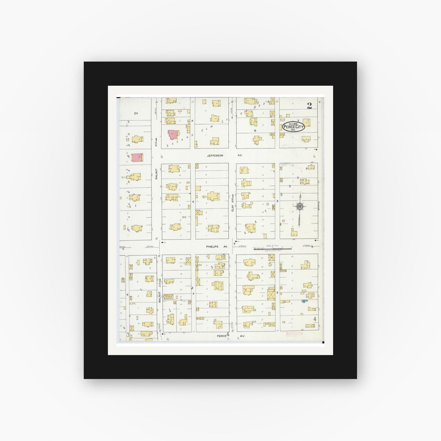 Old map wall art mockup — black gallery frame with white mat — Sanborn Fire Insurance Map from Pierce City, Lawrence County, Missouri (1918), Sheet #0002