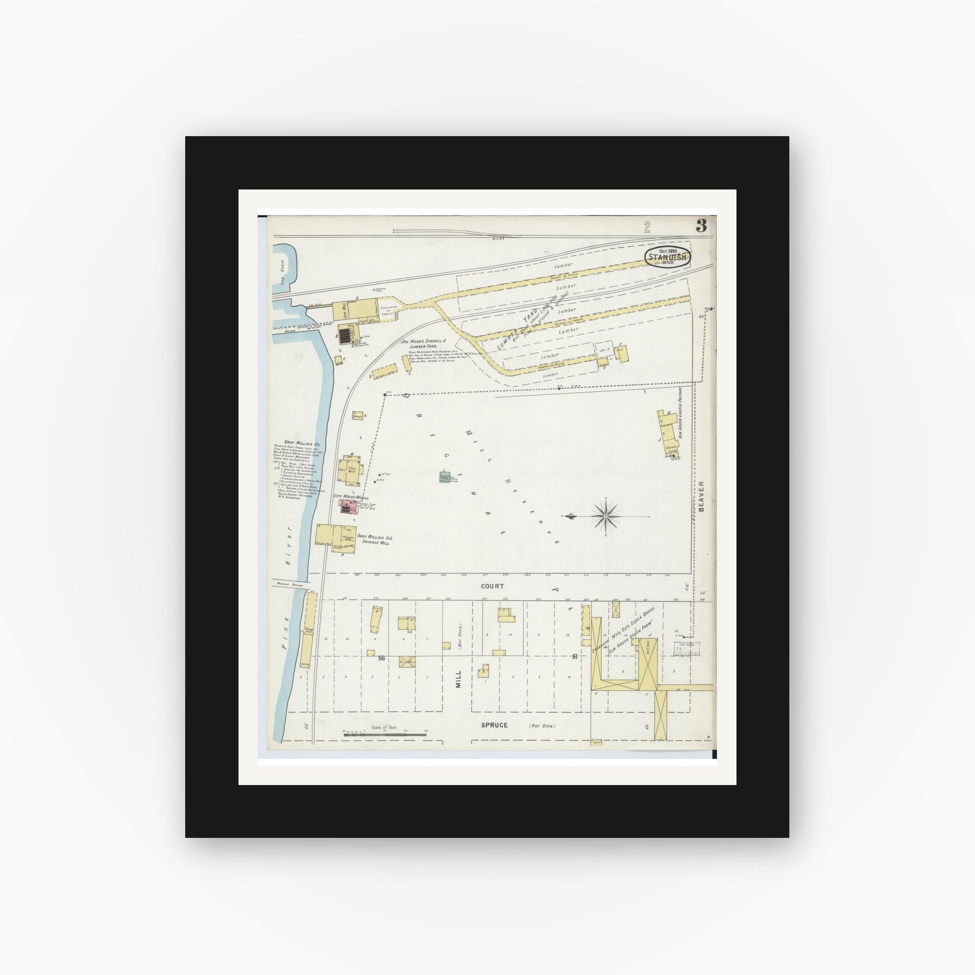 Old map wall art mockup — black gallery frame with white mat — Sanborn Fire Insurance Map from Standish, Arenac County, Michigan (1895), Sheet #0003