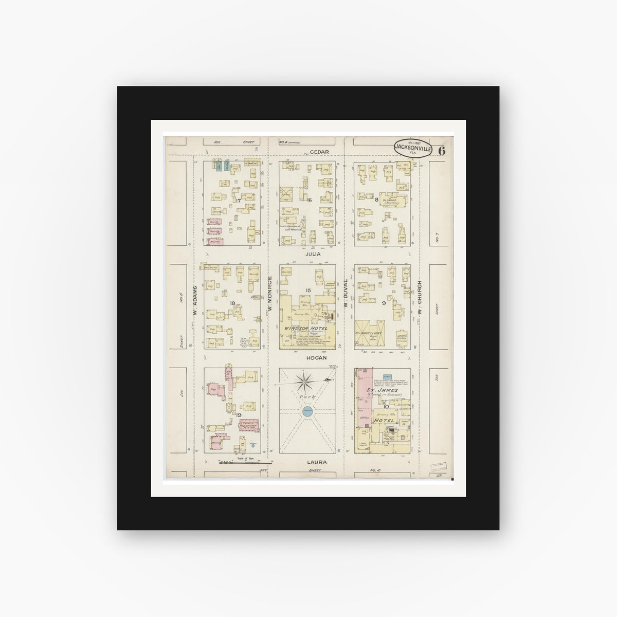 Old map wall art mockup — black gallery frame with white mat — Sanborn Fire Insurance Map from Jacksonville, Duval County, Florida (1887), Sheet #0006