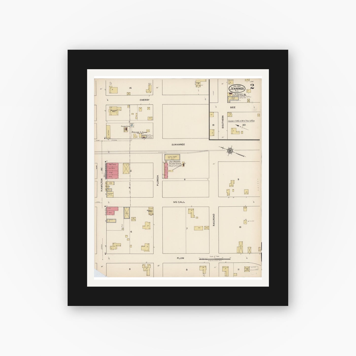 Old map wall art mockup — black gallery frame with white mat — Sanborn Fire Insurance Map from Jennings, Hamilton County, Florida (1922), Sheet #0002