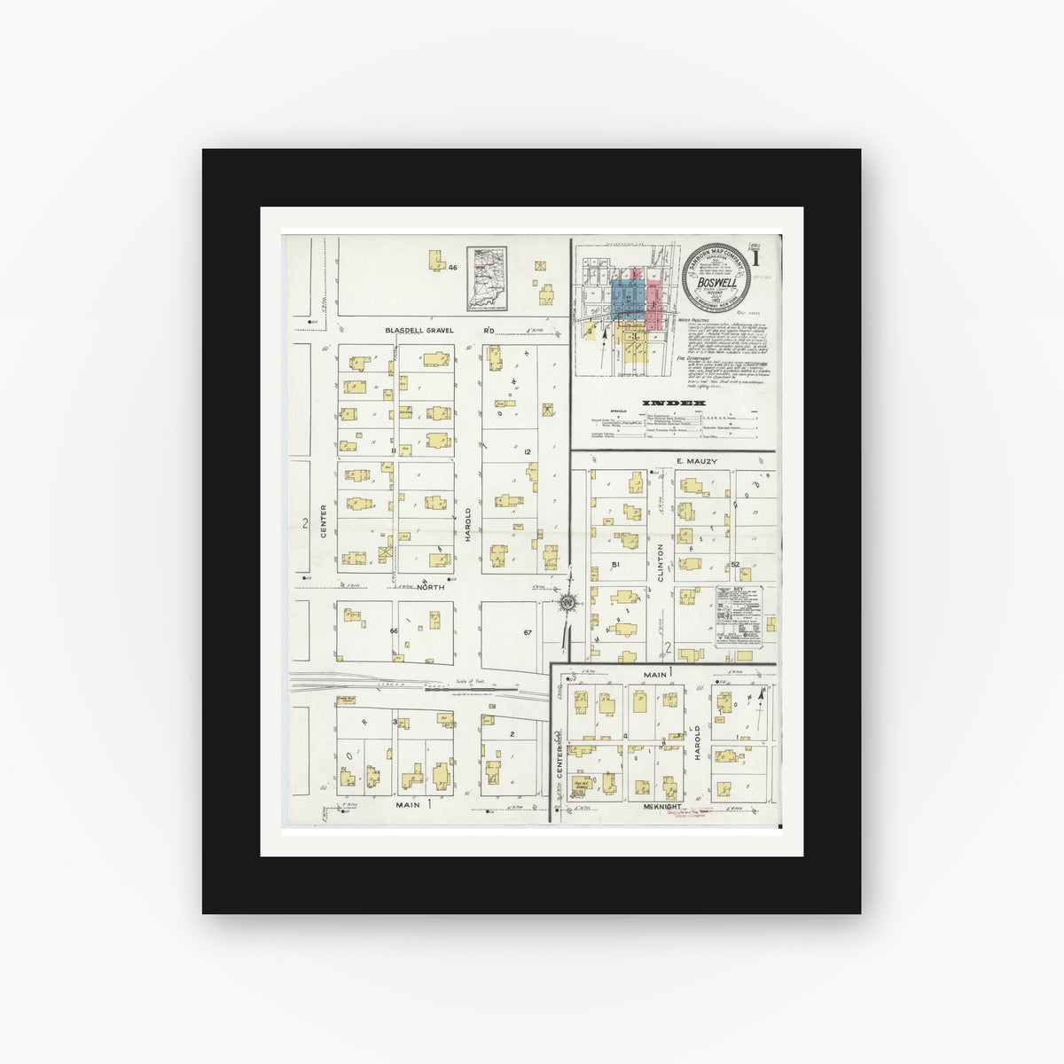 Old map wall art mockup — black gallery frame with white mat — Sanborn Fire Insurance Map from Boswell, Benton County, Indiana (1921), Sheet #0001