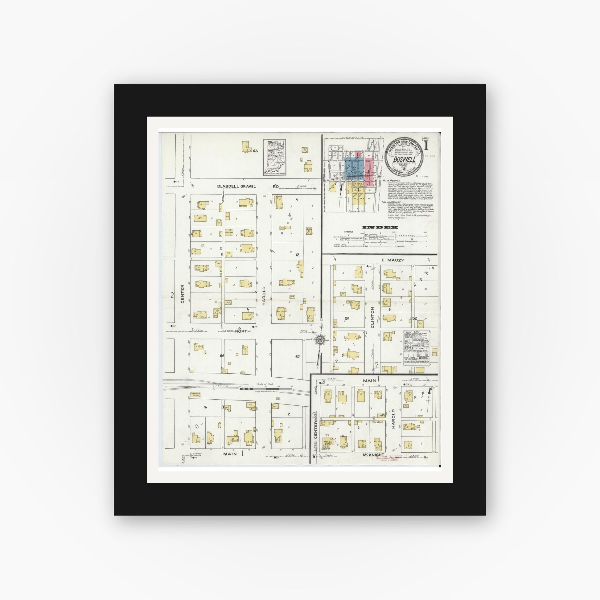 Old map wall art mockup — black gallery frame with white mat — Sanborn Fire Insurance Map from Boswell, Benton County, Indiana (1921), Sheet #0001