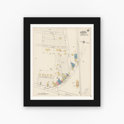 Old map wall art mockup — black gallery frame with white mat — Sanborn Fire Insurance Map from Huntington, Suffolk County, New York (1922), Sheet #0018