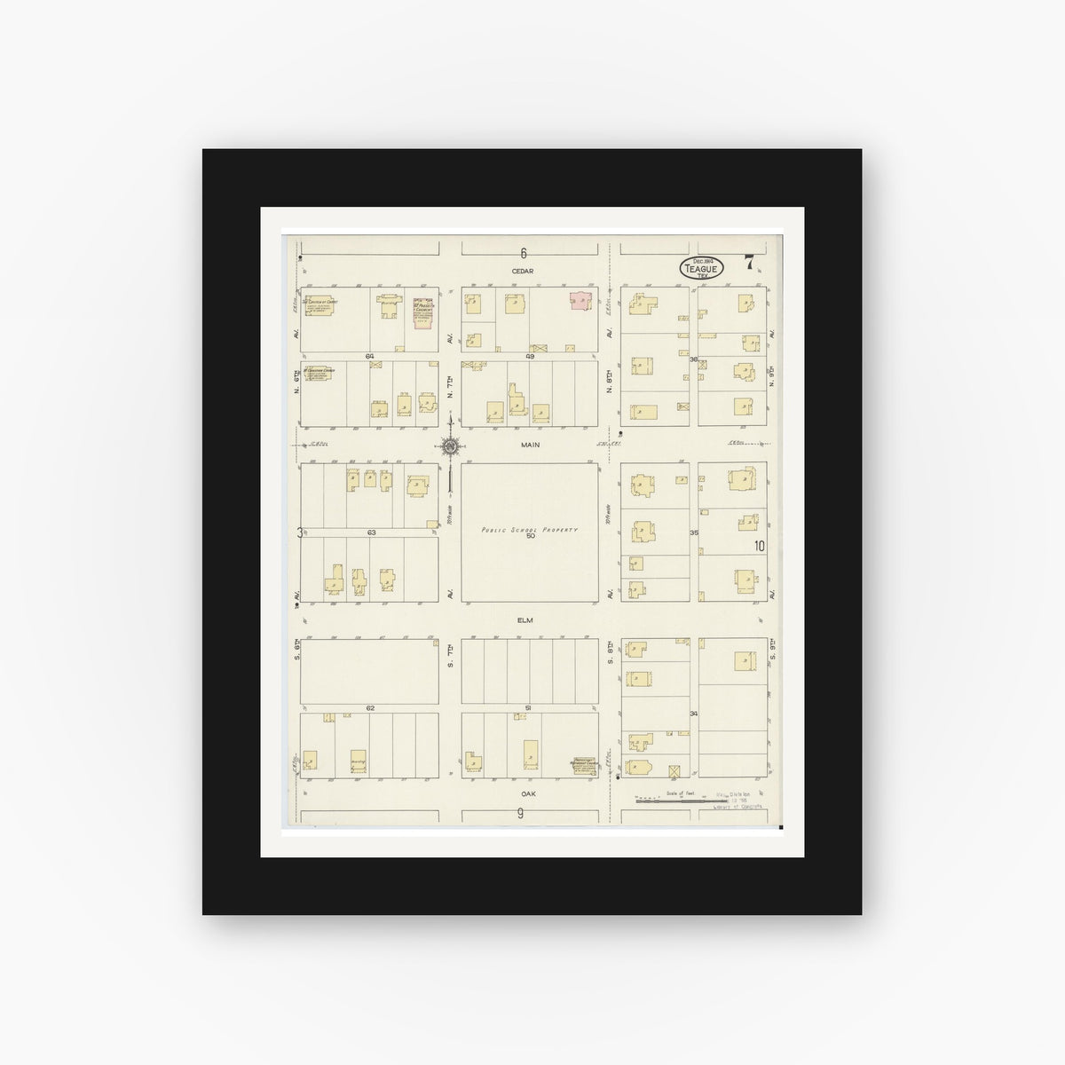 Old map wall art mockup — black gallery frame with white mat — Sanborn Fire Insurance Map from Teague, Freestone County, Texas (1914), Sheet #0007