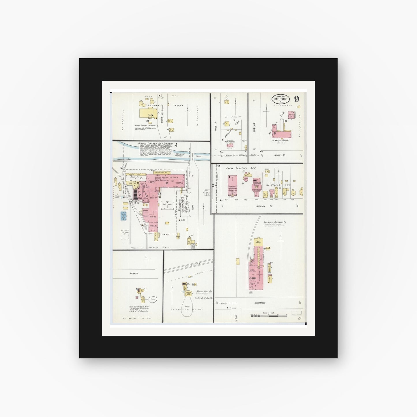 Old map wall art mockup — black gallery frame with white mat — Sanborn Fire Insurance Map from Morris, Grundy County, Illinois (1907), Sheet #0009